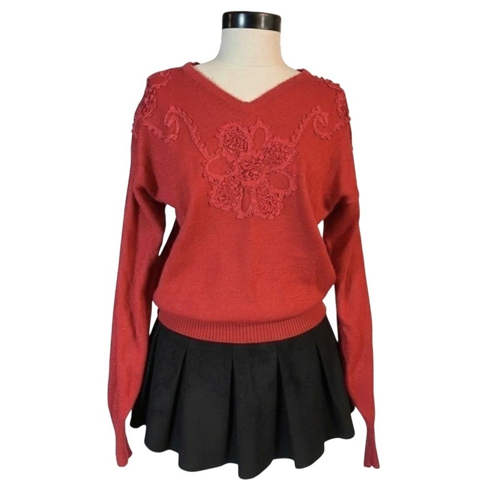 Vintage Red Knit Sweater Vintage Holiday MEDIUM‎ Christmas Winter Party Retro